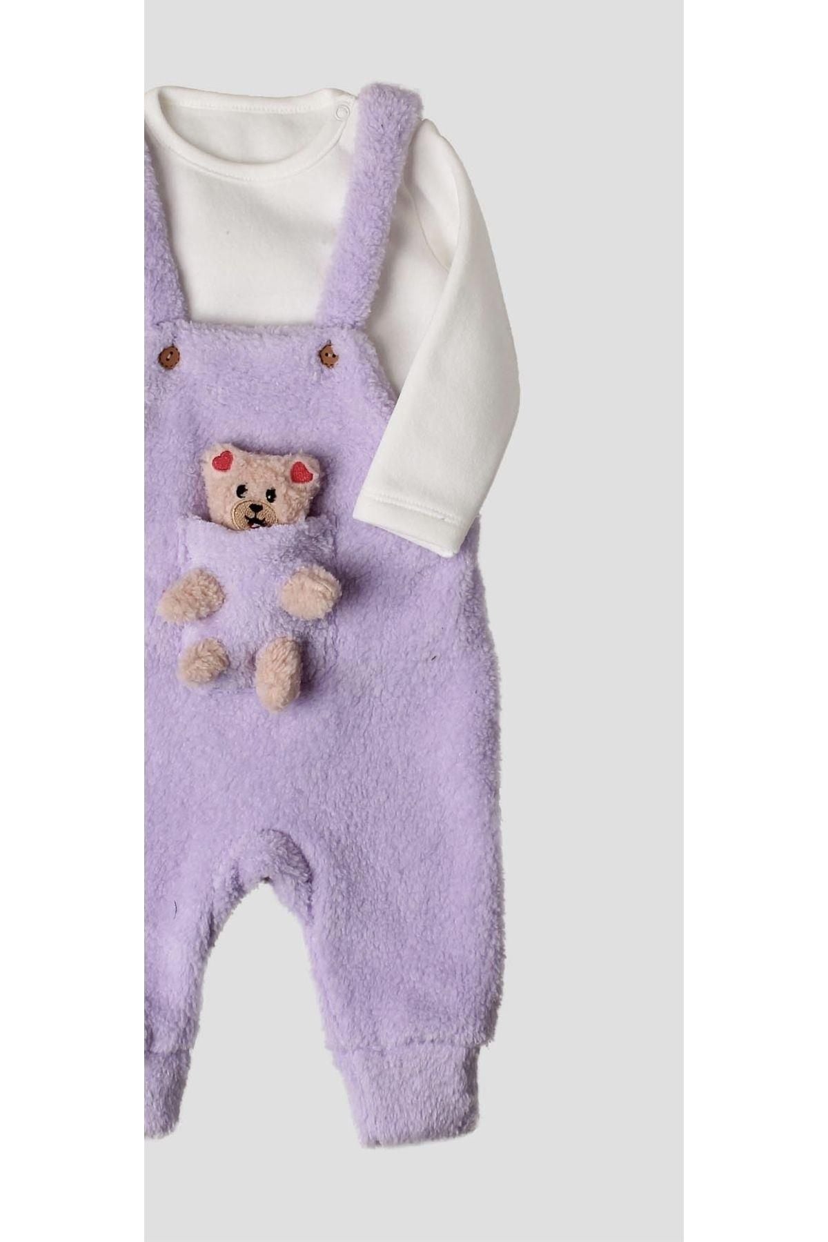 Kışlık tatlı peluş ikili takım kız bebek salopet sweatshirt